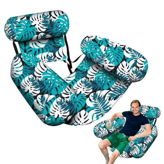 Premium Inflatable Pool Lounge Chair with Headrest – Heavy Duty Floating Raft for Adults – Comfortable Blow Up Chair for Pool, Beach or Lake – Blue Tropical Design (30"x16"x24") – Supports 300lbs