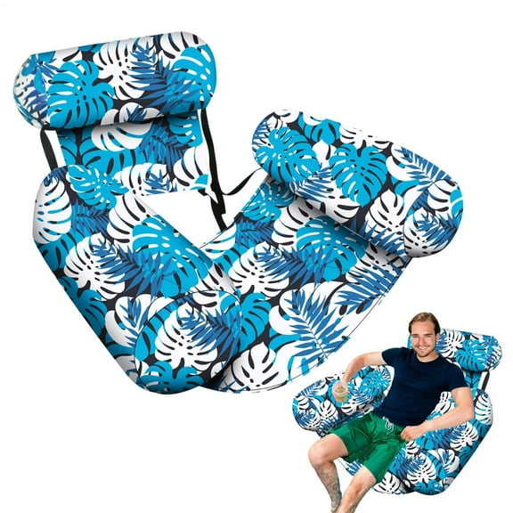 Premium Inflatable Pool Lounge Chair with Headrest – Heavy Duty Floating Raft for Adults – Comfortable Blow Up Chair for Pool, Beach or Lake – Blue Tropical Design (30"x16"x24") – Supports 300lbs