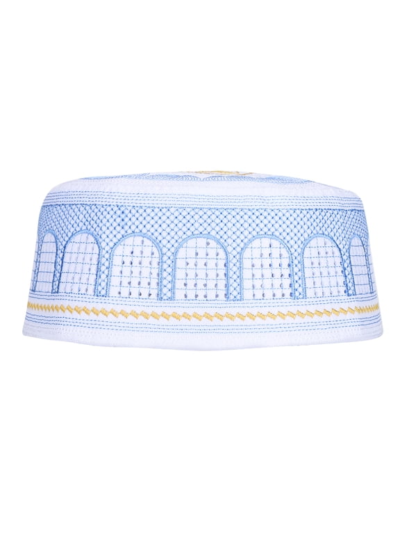 Premium Islamic Prayer Hat for Men Traditional Muslim Embroidery Headwear Comfortable Polyester Cotton Skull Cap for Worship and Daily Wear Blue 56cm / 22 inches
