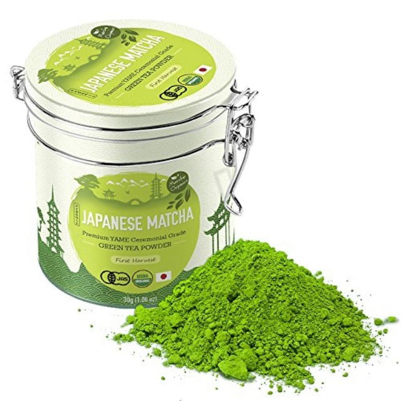 Premium Japanese Matcha Green Tea Powder - 1st Harvest Ceremonial HIGHEST Grade - USDA & JAS Organic - From Japan 30g Tin [1.06oz] - Perfect For Starbucks Latte, Shake, Smoothies & Baking