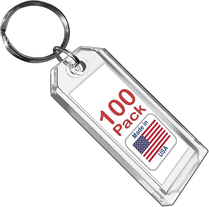 Premium Key Tag 3" Clear Crystal Plastic with Label and Ring  (100 - Pack), Mage in Usa