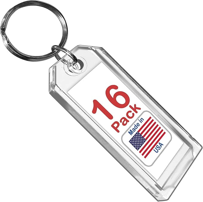 Premium Key Tag 3” Slip-Slot Plastic Heavy Duty (Clear Crystal Color) (16 Pack) (Label and Ring included) (Made in USA)
