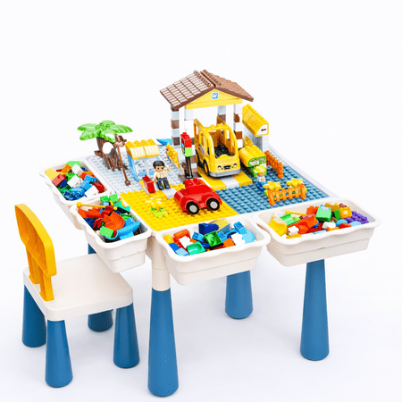 Premium Kids Building Block Table Set – 136-Piece Bus-Stop Themed All-in-One Play Table with Chair – STEM Toy Multi-Purpose Table for Boys and Girls for Xmas