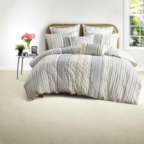Premium King Bedding Sets 100% Cotton Duvet Cover with Chenille Tufts Modern Geometric Design for Bedroom Decor