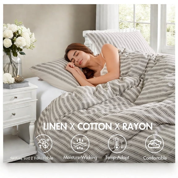 Premium King Bedding Sets Linen Blend Fabric with Striped Design AllSeason Comfort
