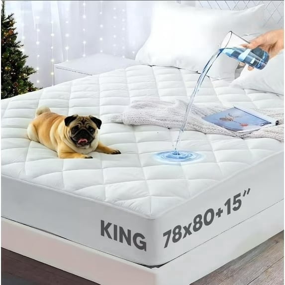Premium King Size Waterproof Mattress Protector, Quilted Breathable Mattress Topper and Cover with Deep Pocket Stretches up to 16 Inches Fitted Smooth Soft Noiseless Machine Washable (White)