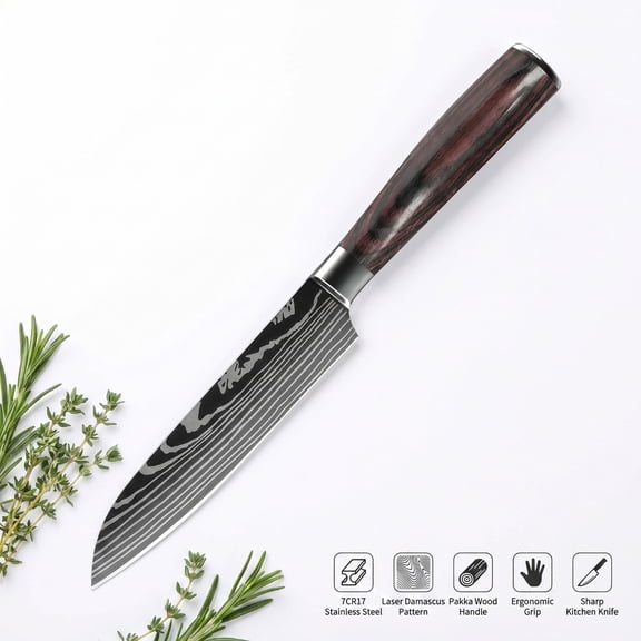Premium Kitchen Knife with Sheath Gift Box, 7CR17 Stainless Steel, Laser Damascus Pattern, Pakka Wood Handle