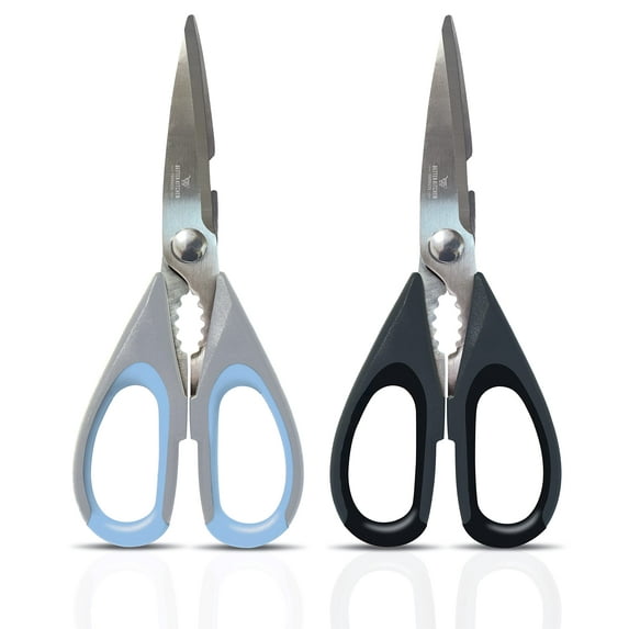 Premium Kitchen Shears by Better Kitchen Products, 8.5", All Purpose Stainless Steel Utility Scissors, Heavy Duty Scissors, Meat Scissors, Poultry Shears, Multipurpose (2PK-Blk/Gray & Slvr/Blu)