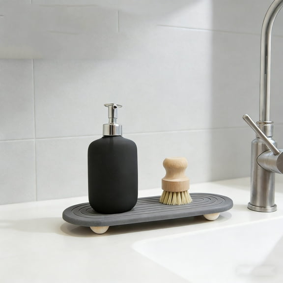 Premium Kitchen Sink Organizer Mat - Stainless Steel Sink Tray - Quick-Dry Silicone Faucet Mat, Drain Holder for Sponge, Soap - Non-Slip Caddy for Counter - 13.6"