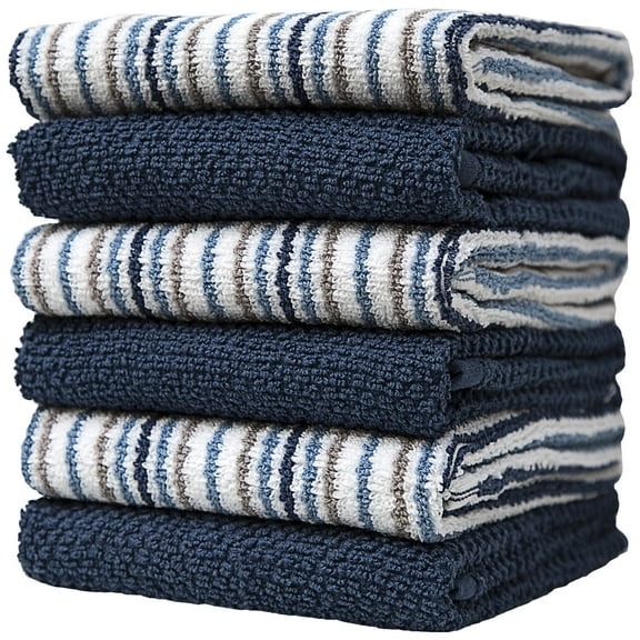 Premium Kitchen Towels (16?x 26?, 6 Pack) - Large Cotton Kitchen Hand Towels -Popcorn Stripe Design - 400 GSM Highly Absorbent Tea Towels Set with Hanging Loop - Blue