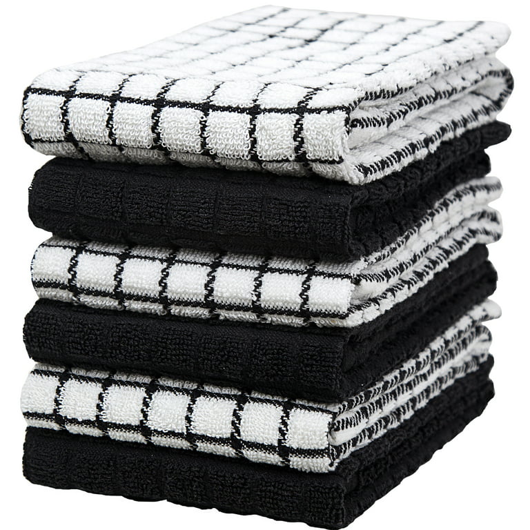 Premium Kitchen Towels (16”x 28”, 6 Pack) – Large Cotton Kitchen Hand Towels  – Chef Weave Design – 380 GSM Highly Absorbent Tea Towels Set With Hanging  Loop – Black 