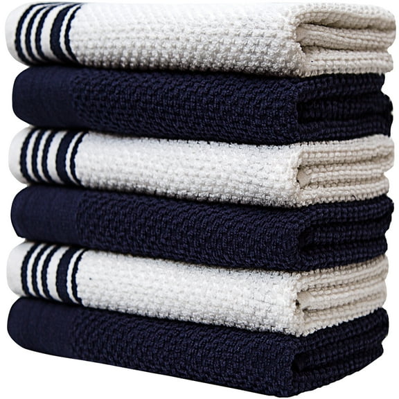 Premium Kitchen Towels (16”x 28”, 6 Pack) – Large Cotton Kitchen Hand Towels –Weft Insert Design– 380 GSM Highly Absorbent Tea Towels Set With Hanging Loop – Navy Blue
