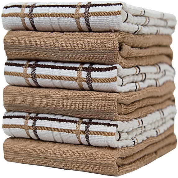 Premium Kitchen Towels (16x 26, 6 Pack) Large Cotton Kitchen Hand Towels Window Pane Design 400 GSM Highly Absorbent Tea Towels Set With Hanging Loop Tan