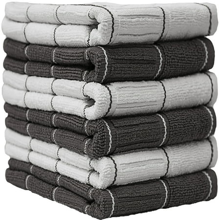 Premium Kitchen Towels (16x 26, 6 Pack) Large Cotton Kitchen Hand Towels Window Pane Design 435 GSM Highly Absorbent Tea Towels Set With Hanging Loop Grey