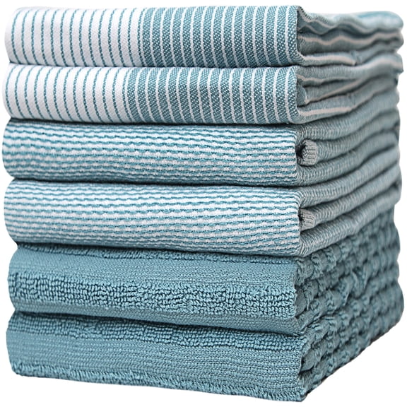 Premium Kitchen Towels (20"x 28" 6 Pack) | Large Cotton Dish Flat & Terry Highly Absorbent Linen Set With Hanging Loop Aqua