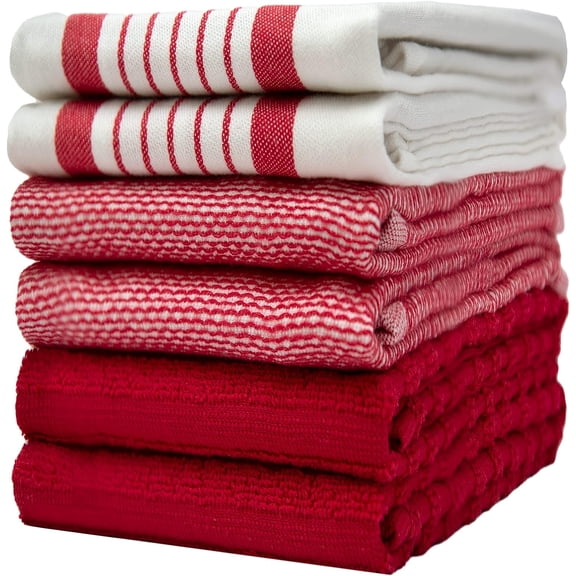 Premium Kitchen Towels (20”x 28”, 6 Pack) | Large Cotton Dish Towels | Flat & Terry Highly Absorbent Kitchen Linen Set with Hanging Loop | Red Striped
