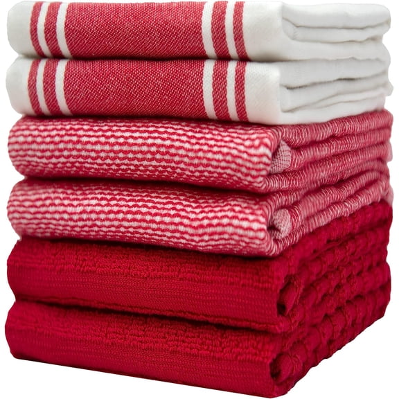Premium Kitchen Towels (20”x 28”, 6 Pack) | Large Cotton Dish Towels | Flat & Terry Highly Absorbent Kitchen Linen Set with Hanging Loop | Wide Stripe Red
