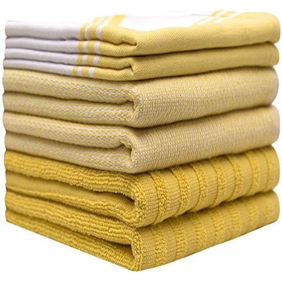Premium Kitchen Towels (20”x 28”, 6 Pack) | Large Cotton Dish Towels | Flat & Terry Highly Absorbent Kitchen Linen Set with Hanging Loop | Wide Stripe Yellow
