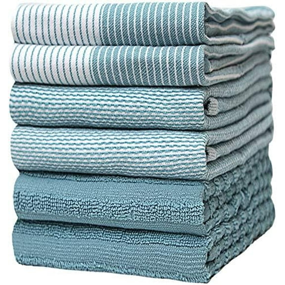 Premium Kitchen Towels (20”x 28”, 6 Pack) | Large Cotton Dish Towels | Flat & Terry Highly Absorbent Kitchen Linen Set with Hanging Loop | Aqua