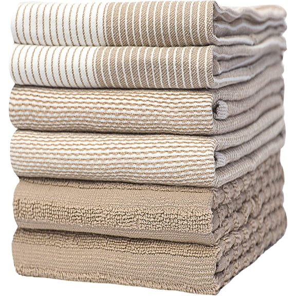 Premium Kitchen Towels (20”x 28”, 6 Pack) | Large Cotton Dish Towels | Flat & Terry Highly Absorbent Kitchen Linen Set with Hanging Loop | Tan