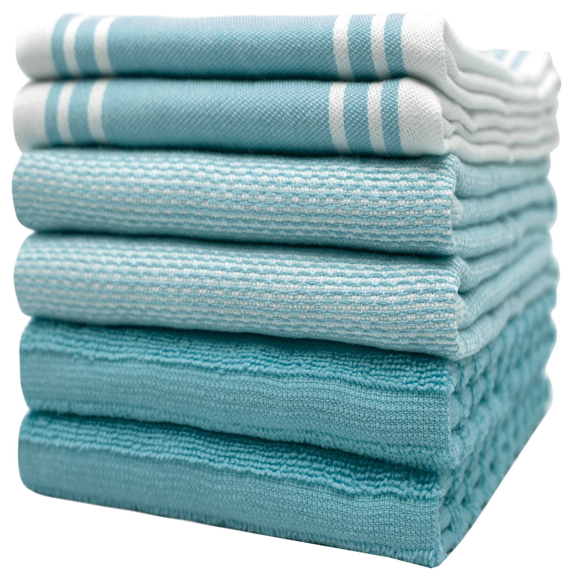Premium Kitchen Towels (20”x 28”, 6 Pack) – Large Cotton Kitchen Hand Towels  – Vintage Striped Flat & Terry Towel – Highly Absorbent Tea Towels Set with  Hanging Loop – Aqua 