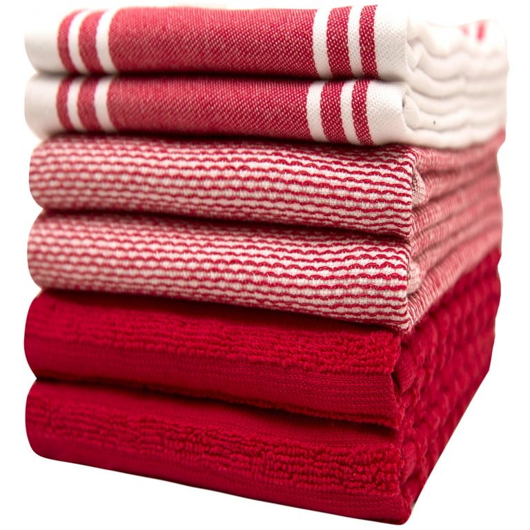 Premium Kitchen Towels (20”x 28”, 6 Pack) – Large Cotton Kitchen Hand Towels  – Vintage Striped Flat & Terry Towel – Highly Absorbent Tea Towels Set with  Hanging Loop – Red 
