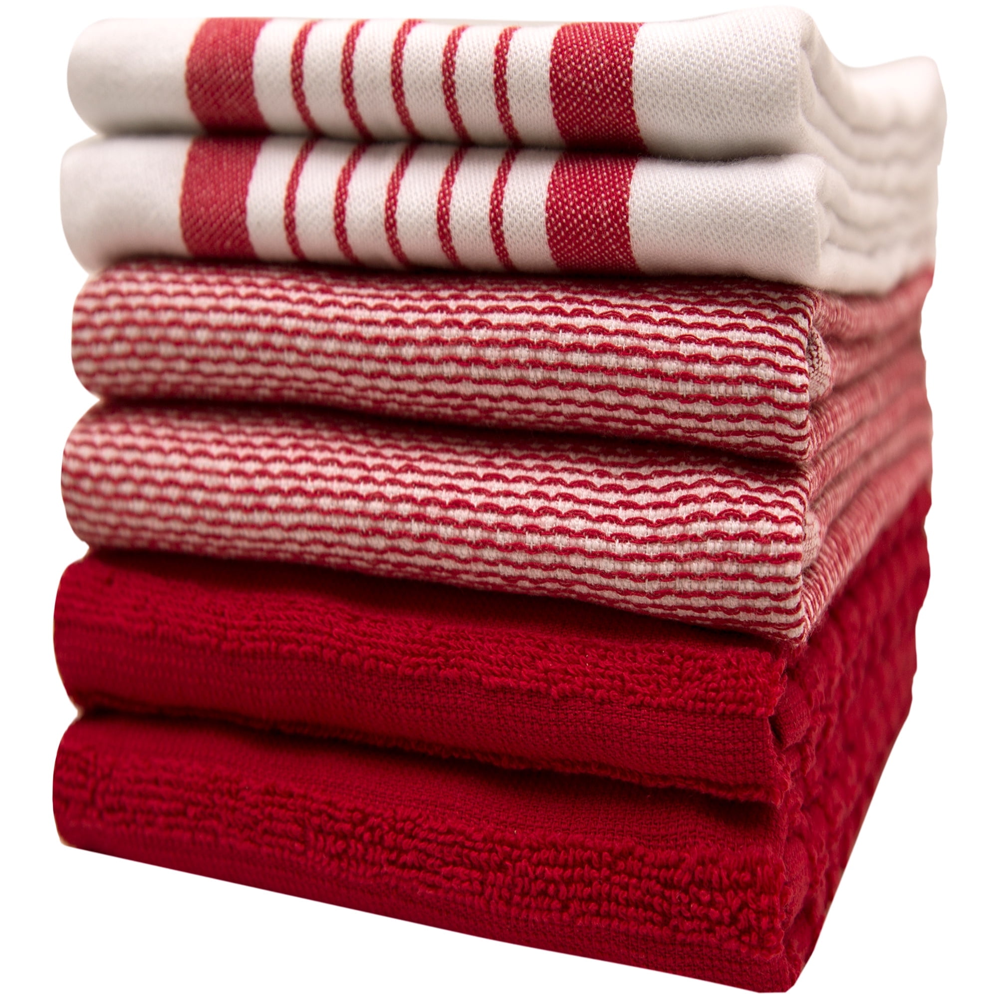 Premium Kitchen Towels (20”x 28”, 6 Pack) – Large Cotton Kitchen Hand Towels – Striped Flat & Terry Towel – Highly Absorbent Tea Towels Set with Hanging Loop – Red