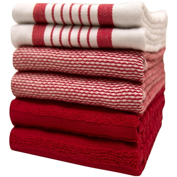 Premium Kitchen Towels (20”x 28”, 6 Pack) – Large Cotton Kitchen Hand Towels – Striped Flat & Terry Towel – Highly Absorbent Tea Towels Set with Hanging Loop – Red