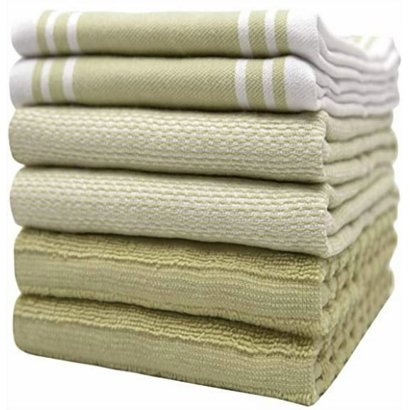 Premium Kitchen Towels (20?x 28?, 6 Pack) - Large Cotton Kitchen Hand Towels - Vintage Striped Flat & Terry Towel - Highly Absorbent Tea Towels Set with Hanging Loop - Sage Green