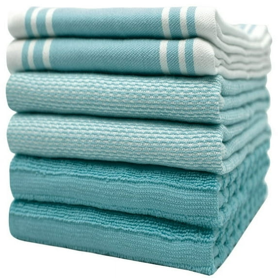 Premium Kitchen Towels (20”x 28”, 6 Pack) – Large Cotton Kitchen Hand Towels – Vintage Striped Flat & Terry Towel – Highly Absorbent Tea Towels Set with Hanging Loop – Aqua