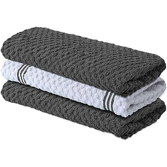 Premium Kitchen Towels – Pack of 3, 100% Cotton |15 x 25| Inches Absorbent Dish Towels - Terry Kitchen Dishcloth Towels - Grey Dish Cloth for Household Cleaning