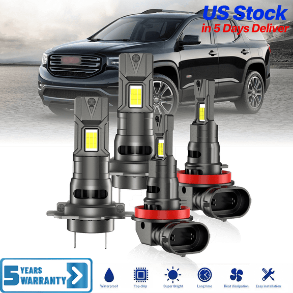 Premium LED Upgrade Kit - H7+H11 LED Headlight Kit - Compatible with GMC Acadia 2007-2012 – 4 Pack High Low Beam Lamp Set – Fan 48,000LM LED Replacement Bulb Kit