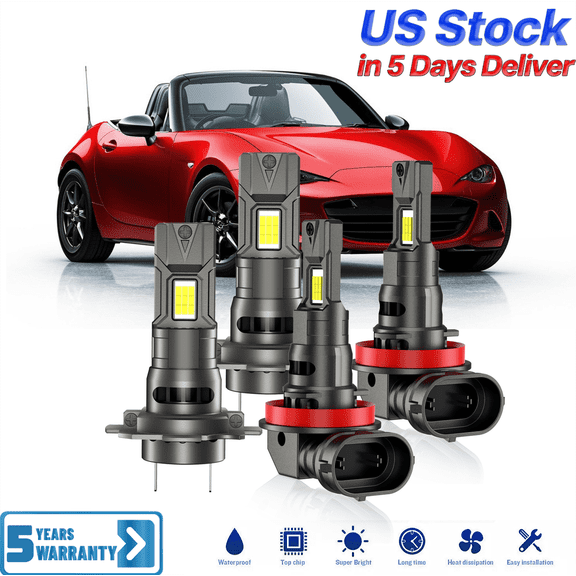 Premium LED Upgrade Kit - H7+H9 LED Headlight Kit - Compatible with Mazda MX-5 Miata 2006-2015 – 4 Pack High Low Beam Lamp Set – Fan 48,000LM LED Replacement Bulb Kit