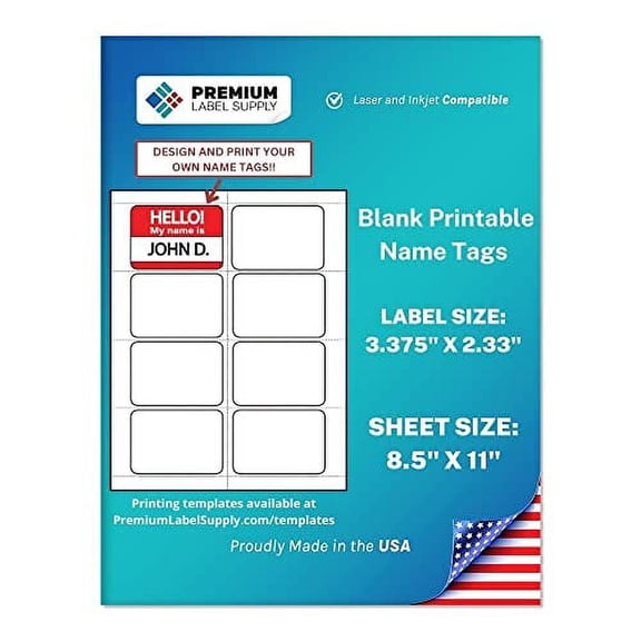 Premium Label Supply Blank Printable Name Tag Stickers - 2-1/3" x 3-3/8" - Laser/Inkjet Compatible – (8 per Sheet) 500 Sheets – 4000 Total Adhesive Name Tag