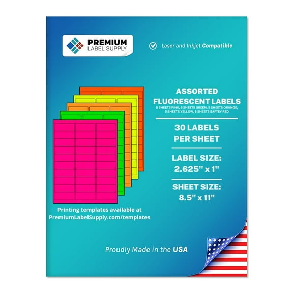 Premium Label Supply Bright Neon Color Fluorescent Stickers - 2.625" x 1" Address Labels - (Assorted Fluorescent, 750 Labels)