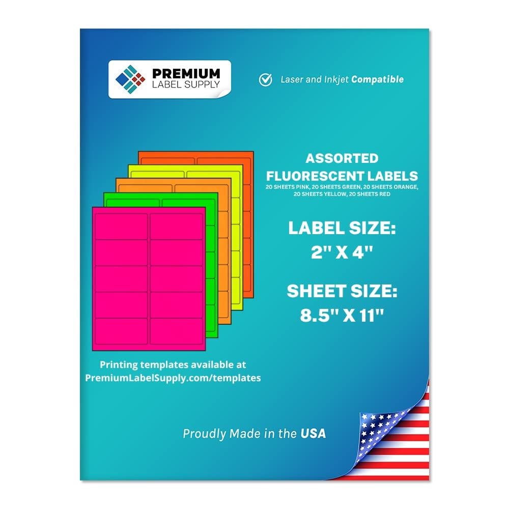 Premium Label Supply Bright Neon Color Fluorescent Stickers - 2" x 4" Labels - (Assorted Fluorescent, 1000 Labels)