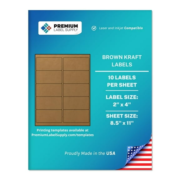 Premium Label Supply Brown Kraft Sticker Labels – 2” x 4" – Laser/Inkjet Compatible – (10 Labels/Sheet), 25 Sheets – 250 Total Adhesive Labels