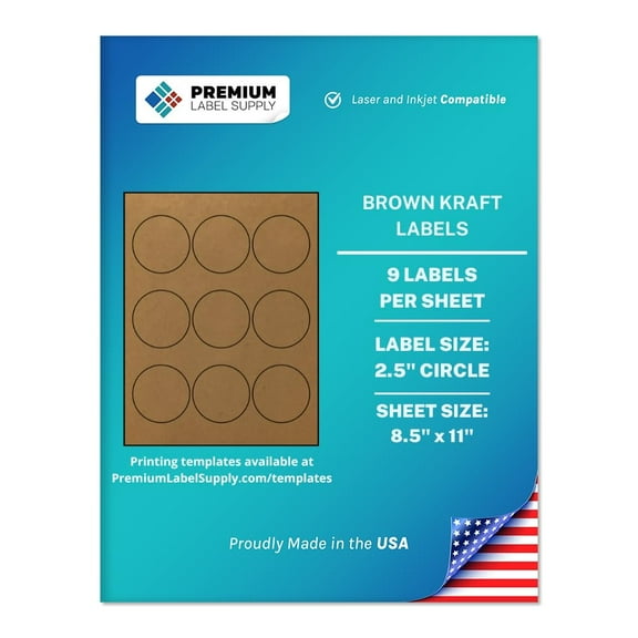 Premium Label Supply Brown Kraft Sticker Round Labels – 2.5" Circle – Laser/Inkjet Compatible – (9 Labels/Sheet), 25 Sheets – 225 Total Adhesive Labels