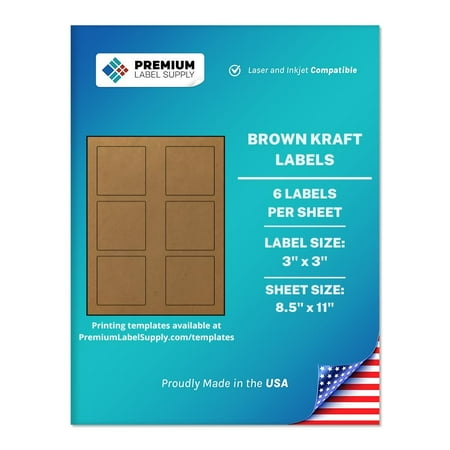 Premium Label Supply Brown Kraft Sticker Square Labels – 3” x 3" – Laser/Inkjet Compatible – (6 Labels/Sheet), 25 Sheets – 150 Total Adhesive Labels