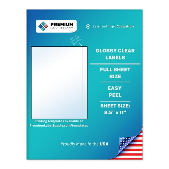 Premium Label Supply Full Sheet Glossy Clear Labels – 8.5" x 11" – Laser/Inkjet Compatible – 10 Sheets - Letter Size