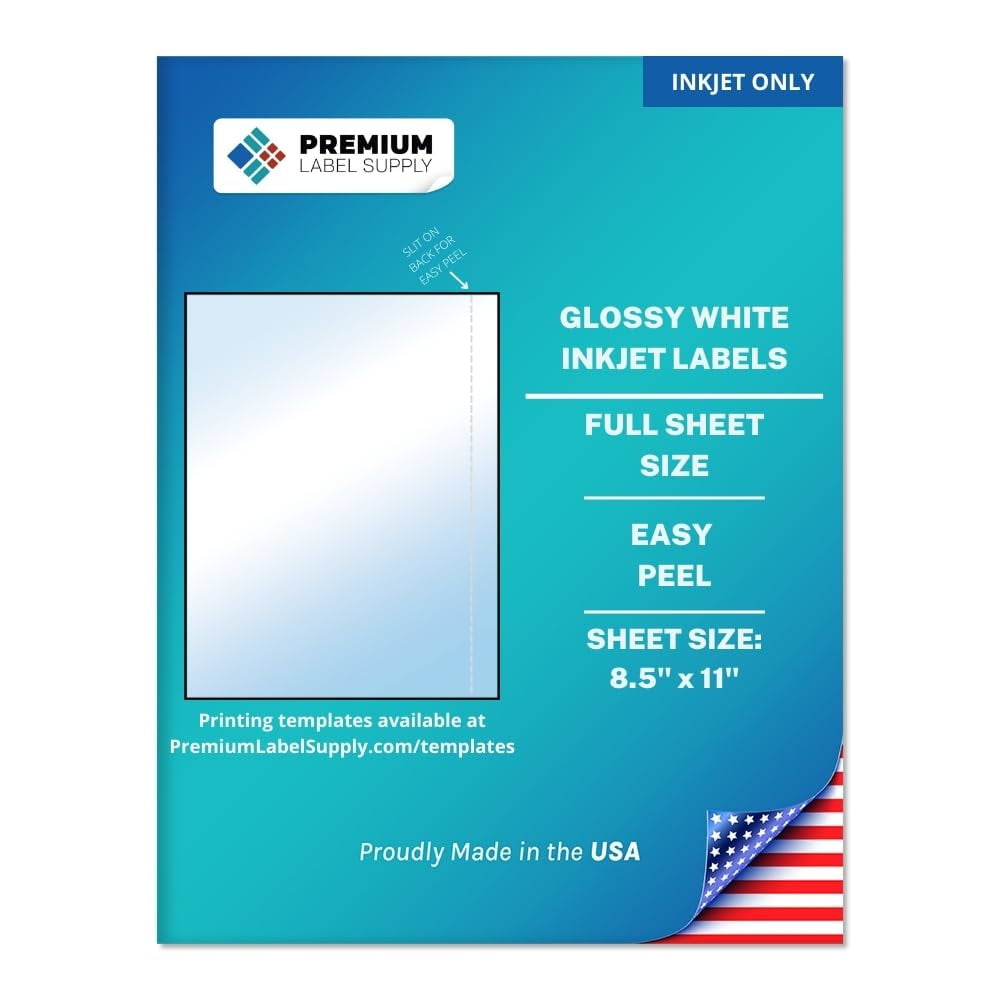 Premium Label Supply Full Sheet Glossy White Labels – 8.5" x 11" – Inkjet Printers Only – 25 Sheets - Letter Size