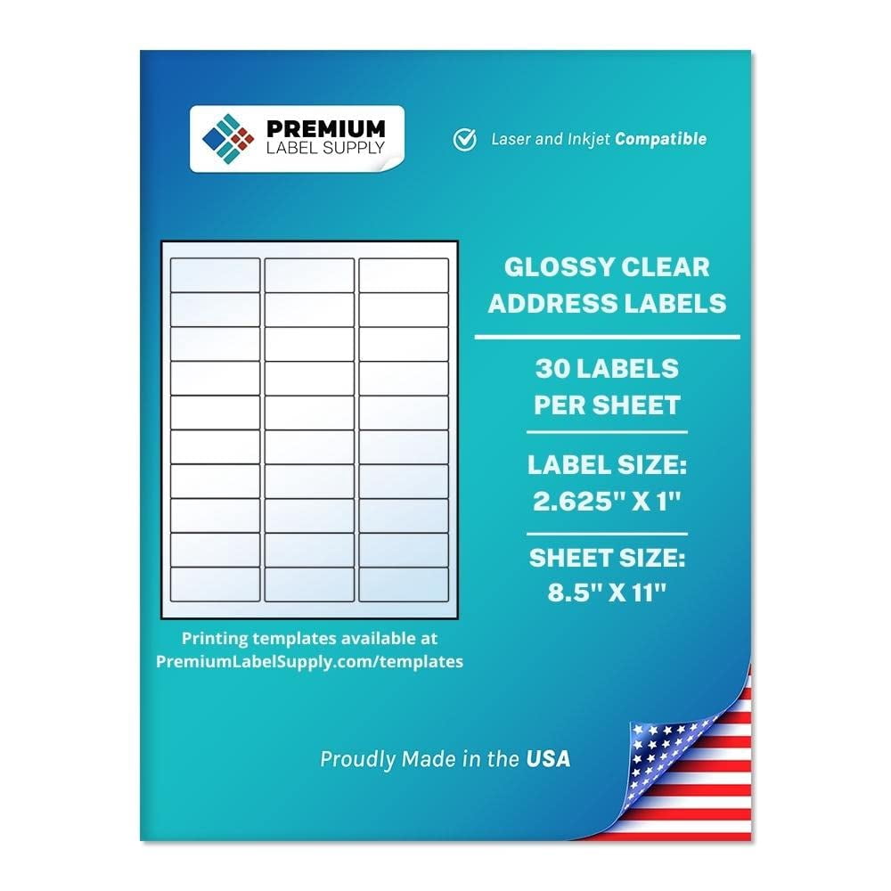 Premium Label Supply Glossy Clear Address Labels – 2.625” x 1" – Laser/Inkjet Compatible – (30 Labels/Sheet), 100 Sheets - 3,000 Total Adhesive Labels