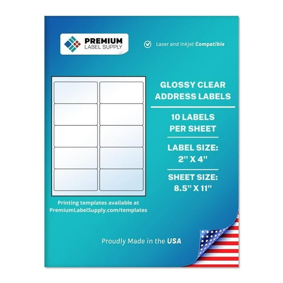 Premium Label Supply Glossy Clear Address Labels – 2” x 4" – Laser/Inkjet Compatible – (10 Labels/Sheet), 10 Sheets – 100 Total Adhesive Labels