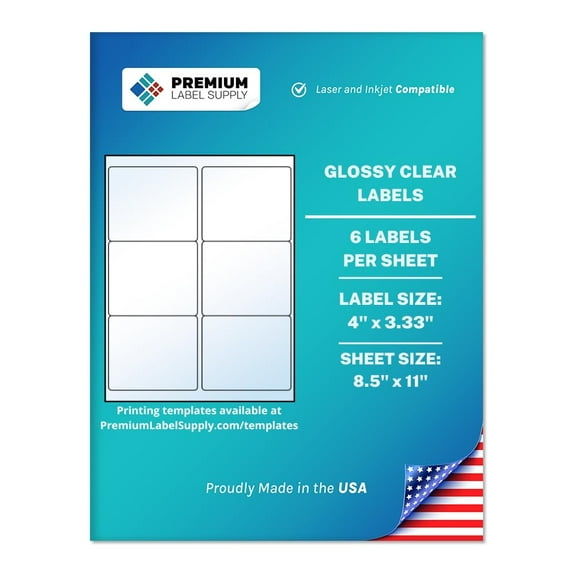 Premium Label Supply Glossy Clear Mailing Labels – 4” x 3.33" – Laser/Inkjet Compatible – (6 Labels/Sheet), 100 Sheets – 600 Total Adhesive Labels