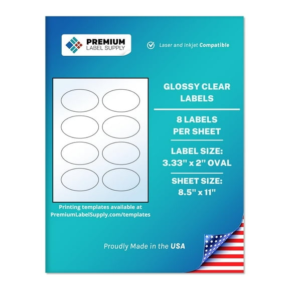 Premium Label Supply Glossy Clear Oval Labels – 3.33” x 2" Oval – Laser/Inkjet Compatible – (8 Labels/Sheet), 10 Sheets – 80 Total Adhesive Labels