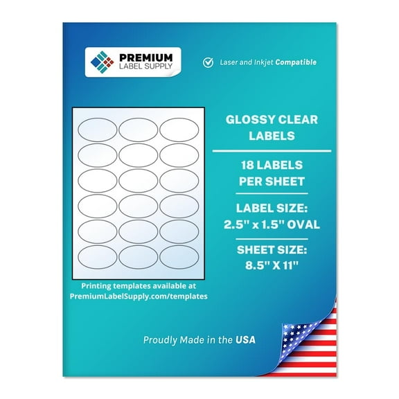 Premium Label Supply Glossy Clear Sticker Oval Labels – 2.5” x 1.5" Oval – Laser/Inkjet Compatible – (18 Labels/Sheet), 25 Sheets – 450 Total Adhesive Labels