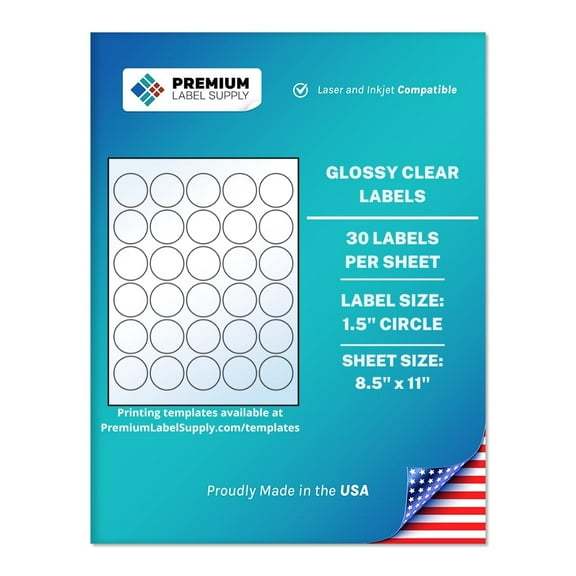 Premium Label Supply Glossy Clear Sticker Round Labels – 1.5" Circle – Laser/Inkjet Compatible – (30 Labels/Sheet) – 30,000 Total Adhesive Labels