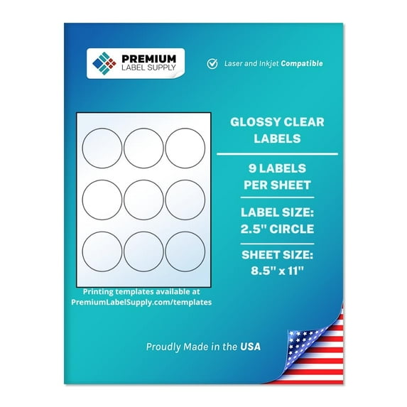 Premium Label Supply Glossy Clear Sticker Round Labels – 2.5" Circle – Laser/Inkjet Compatible – (9 Labels/Sheet), 10 Sheets – 90 Total Adhesive Labels