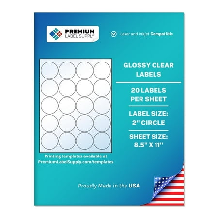 Premium Label Supply Glossy Clear Sticker Round Labels – 2" Circle – Laser/Inkjet Compatible – (20 Labels/Sheet), 10 Sheets – 200 Total Adhesive Labels