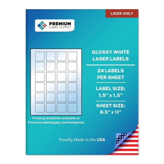 Premium Label Supply Glossy White Square Sticker Labels – 1.5" x 1.5" – (24 Labels/Sheet) (Glossy White for Laser Only, 2,400 Labels)